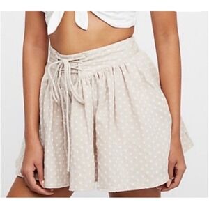 Free People Meet Your Match Skort Tan Polka Dot Lace Up Smocked Waist Sz S Boho